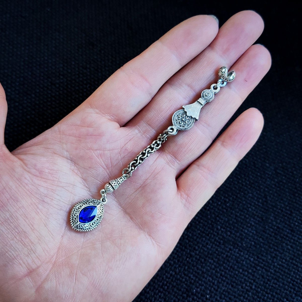 9 Gram Antik Gümüş Kaplama Mavi Mineli Pirinç Püskül