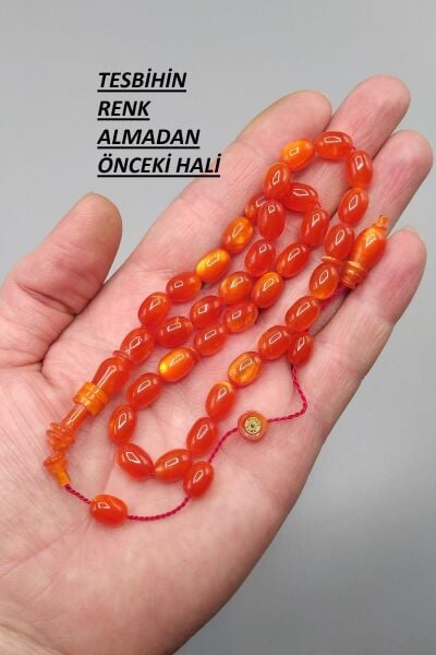 Sandık Malı 8x11 mm Mesut Elma Usta İmzalı Mişmişi Sıkma Kehribar Tesbih