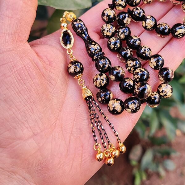 10 mm Altın Varaklı Pleksi Glass Uçak Camı Tesbih - Altın Parçacıklı Tespih