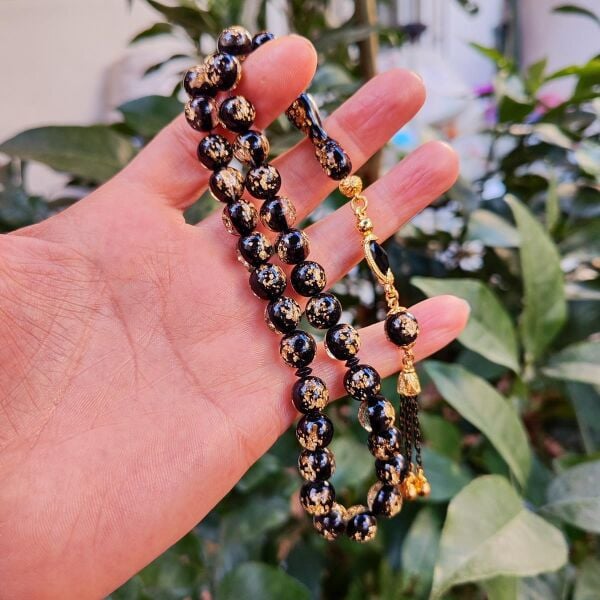 10 mm Altın Varaklı Pleksi Glass Uçak Camı Tesbih - Altın Parçacıklı Tespih