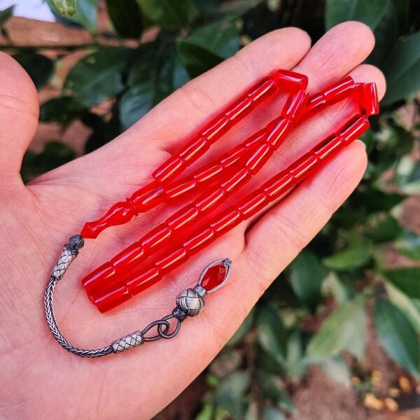 7x11 mm 1000 Ayar Gümüş Kazazlı Kırmızı Zar Kehribar Tesbih