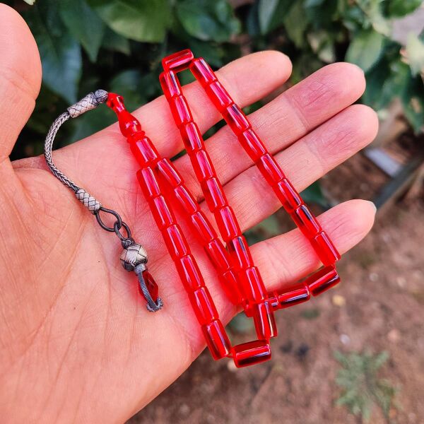7x11 mm 1000 Ayar Gümüş Kazazlı Kırmızı Zar Kehribar Tesbih