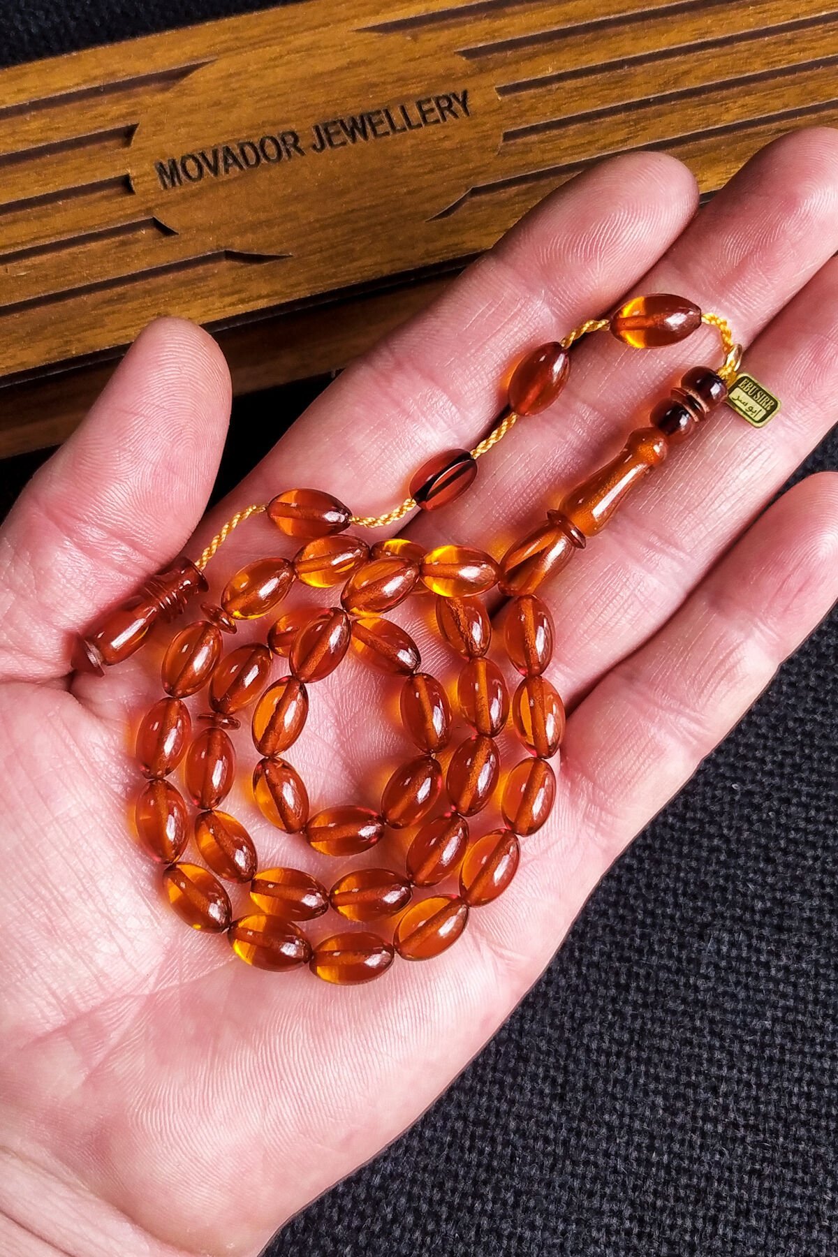 7x11 mm Ebu Sırr İmzalı Bal Rengi Zar Kehribar Tespih