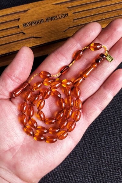 7x11 mm Ebu Sırr İmzalı Bal Rengi Zar Kehribar Tespih