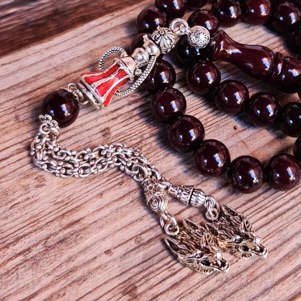 10 mm Vişne Rengi Bozkurt Püsküllü Osmanlı Benzetme Tesbih - Çubuk Sıkma Kehribar