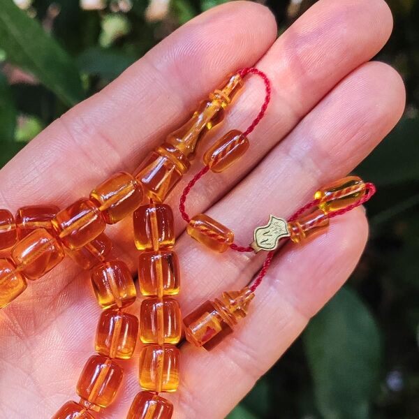 10x9 mm Ali Agiş Usta İşçilikli Altın Rengi Zar Kehribar Tesbih - Şeffaf Delim Tespih