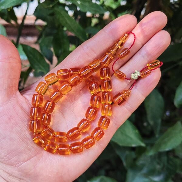 10x9 mm Ali Agiş Usta İşçilikli Altın Rengi Zar Kehribar Tesbih - Şeffaf Delim Tespih