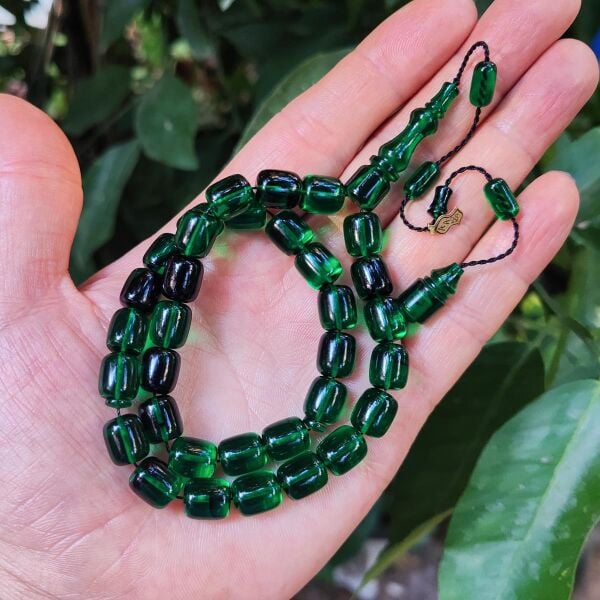 10x9 mm Ali Agiş Usta İşçilikli Yeşil Siyah Ateşi Kehribar Tesbih - Şeffaf Delim Tespih