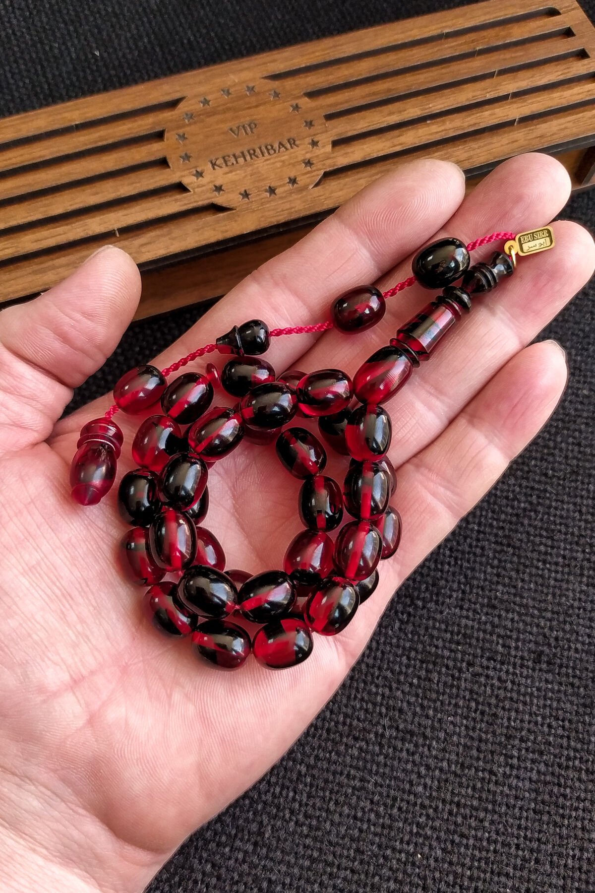 9x12 mm Ebu Sırr İmzalı Ateşi Kehribar Tesbih, Kırmızı Siyah Tespih