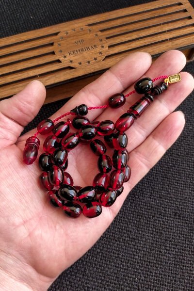 9x12 mm Ebu Sırr İmzalı Ateşi Kehribar Tesbih, Kırmızı Siyah Tespih