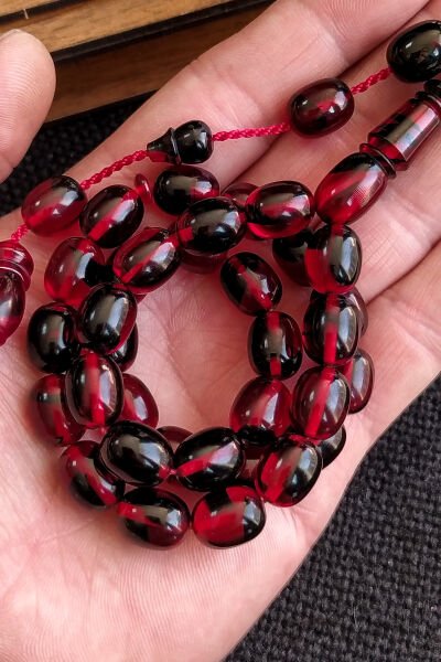 9x12 mm Ebu Sırr İmzalı Ateşi Kehribar Tesbih, Kırmızı Siyah Tespih