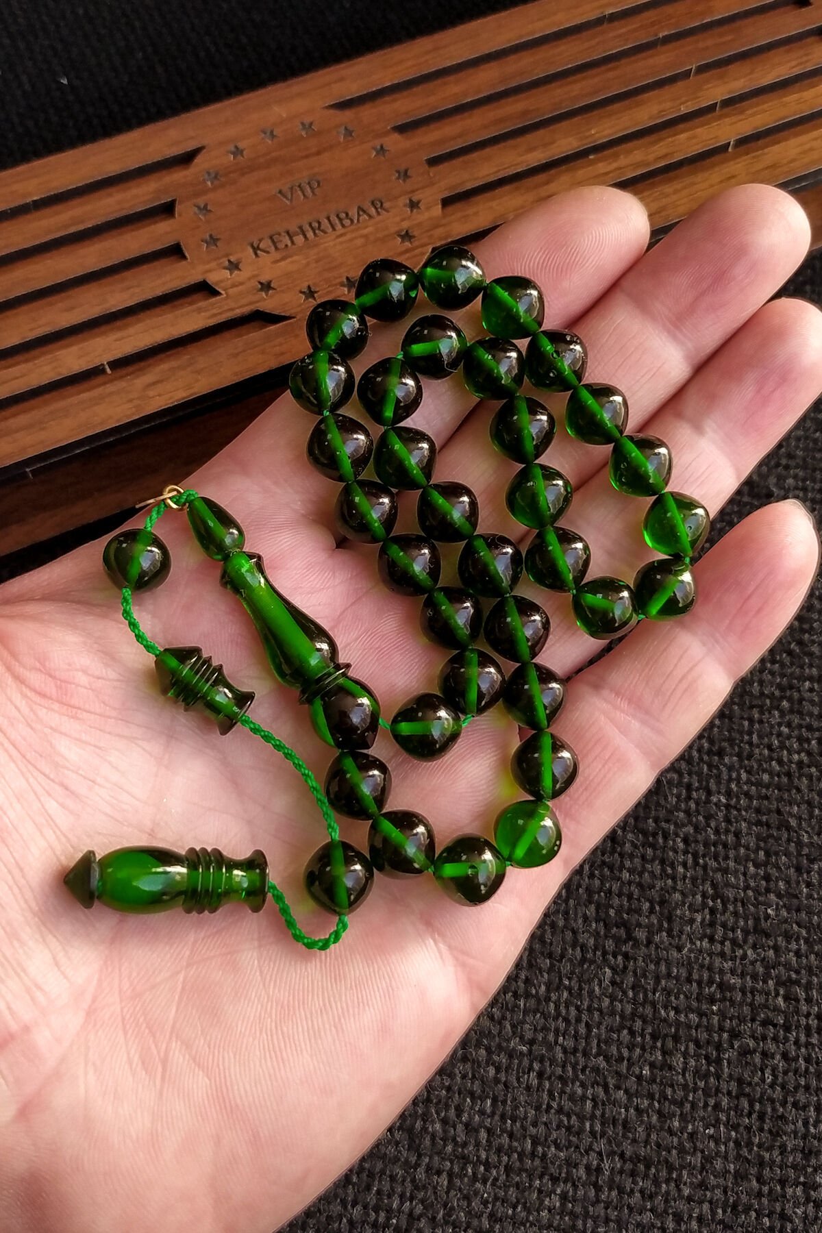 9 mm mm Ebu Sırr İmzalı Yeşil Ateşi Kehribar Tesbih