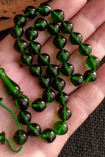 9 mm mm Ebu Sırr İmzalı Yeşil Ateşi Kehribar Tesbih