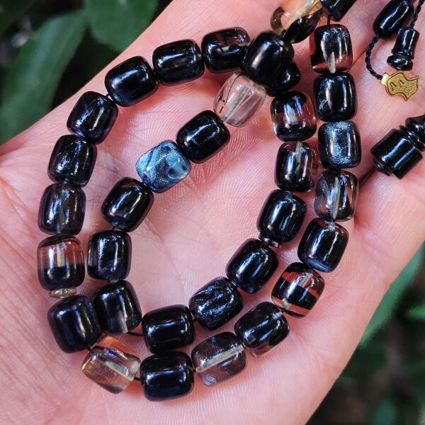 10x9 mm Ali Agiş Usta İşçilikli Siyah Simli Ateşi Kehribar Tesbih - Şeffaf Delim Tespih