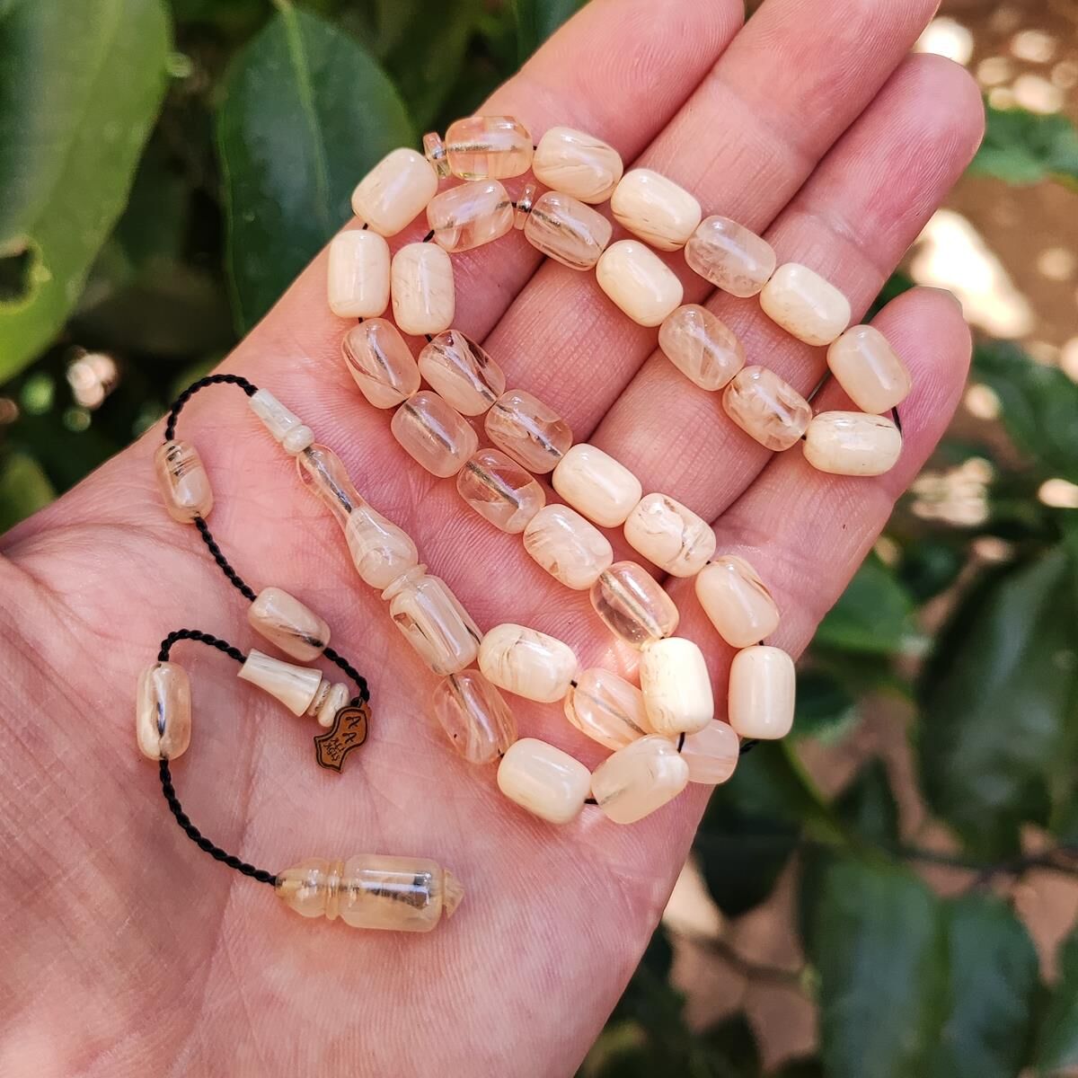 8x11 mm Ali Agiş Usta İşçilikli Beyaz Sıkma Kehribar Tesbih - Şeffaf Delim Tespih