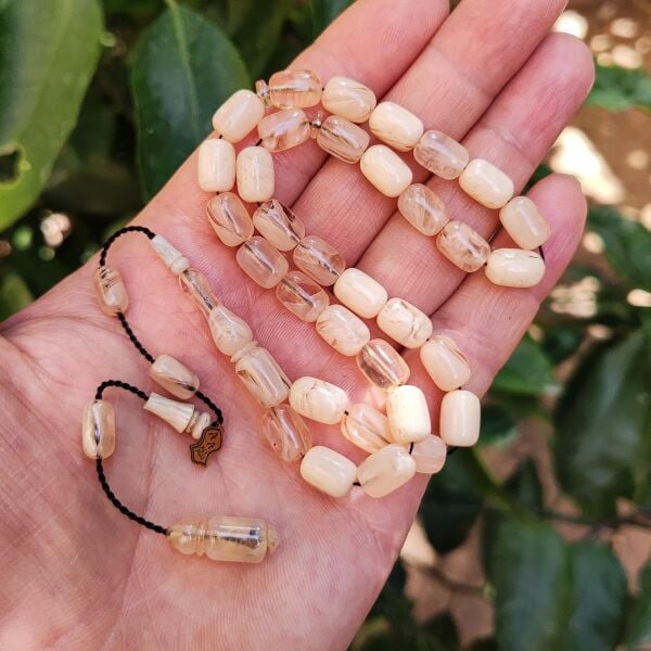 8x11 mm Ali Agiş Usta İşçilikli Beyaz Sıkma Kehribar Tesbih - Şeffaf Delim Tespih
