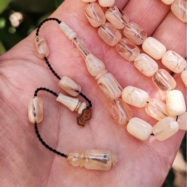 8x11 mm Ali Agiş Usta İşçilikli Beyaz Sıkma Kehribar Tesbih - Şeffaf Delim Tespih