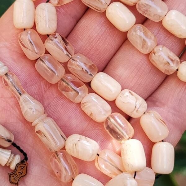 8x11 mm Ali Agiş Usta İşçilikli Beyaz Sıkma Kehribar Tesbih - Şeffaf Delim Tespih