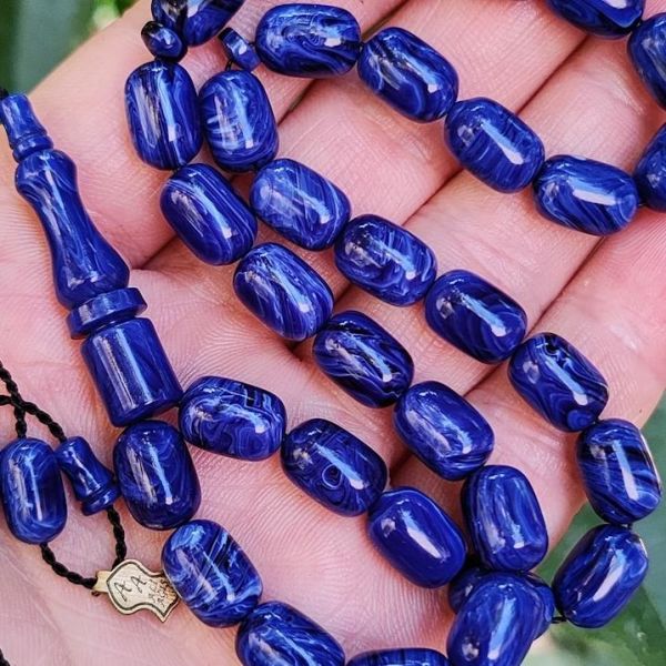 8x11 mm Ali Agiş Usta İşçilikli Mavi Hareli Sıkma Kehribar Tesbih - Şeffaf Delim Tespih