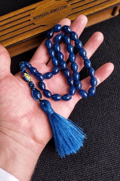 9x12 mm Yeni Döküm Mavi Çekoslavak Katalin Baga Tesbih, Ebu Sırr Usta İmzalı Tespih