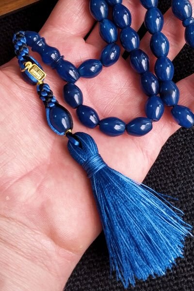 9x12 mm Yeni Döküm Mavi Çekoslavak Katalin Baga Tesbih, Ebu Sırr Usta İmzalı Tespih