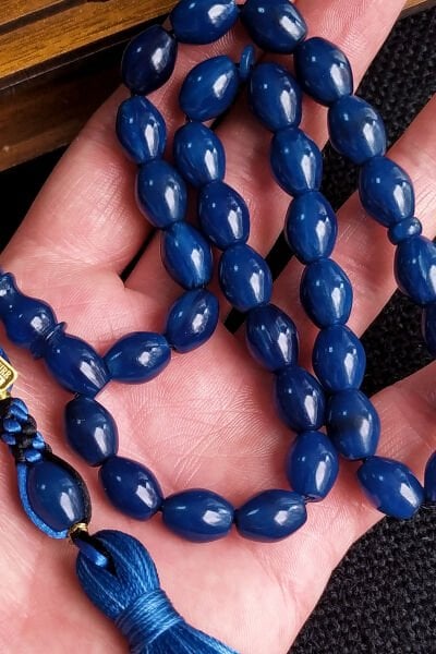 9x12 mm Yeni Döküm Mavi Çekoslavak Katalin Baga Tesbih, Ebu Sırr Usta İmzalı Tespih