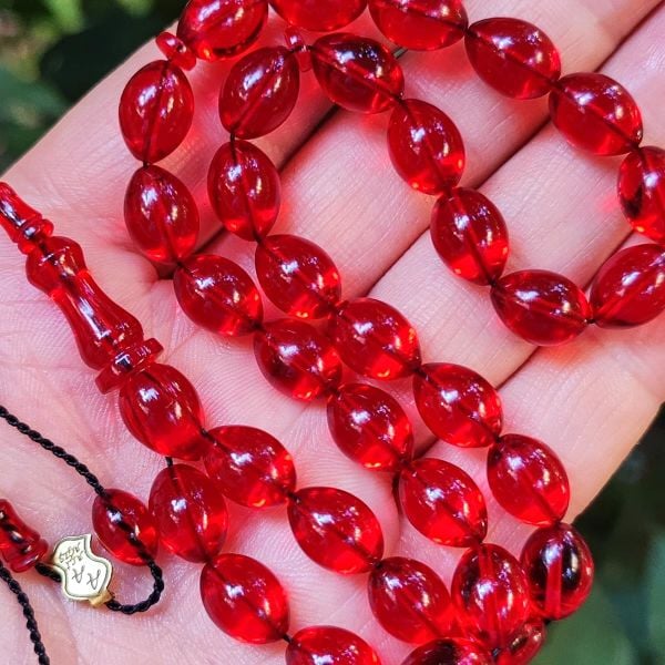8x11 mm Ali Agiş Usta İşçilikli Kırmızı Zar Kehribar Tesbih - Şeffaf Delim Tespih