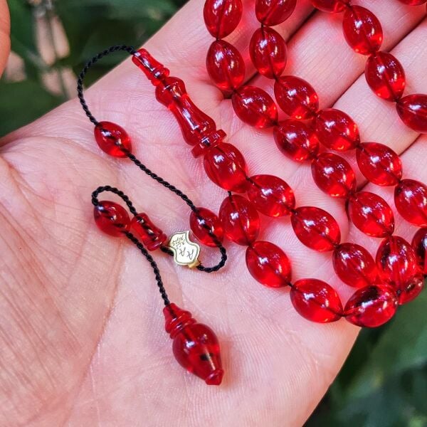 8x11 mm Ali Agiş Usta İşçilikli Kırmızı Zar Kehribar Tesbih - Şeffaf Delim Tespih