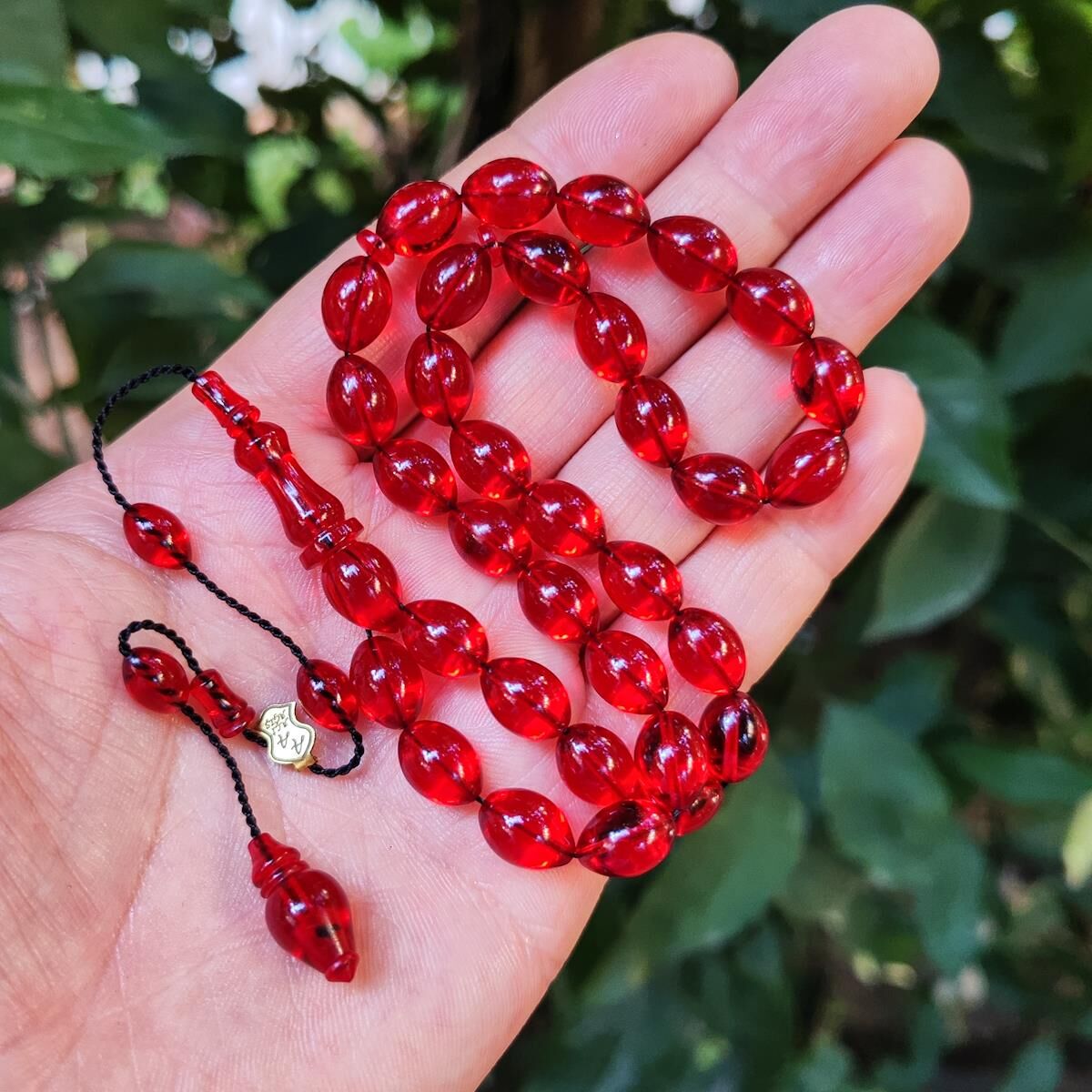 8x11 mm Ali Agiş Usta İşçilikli Kırmızı Zar Kehribar Tesbih - Şeffaf Delim Tespih