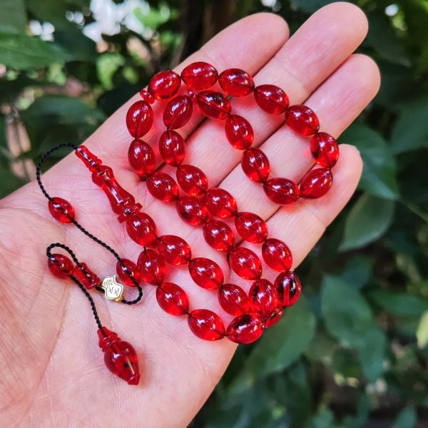 8x11 mm Ali Agiş Usta İşçilikli Kırmızı Zar Kehribar Tesbih - Şeffaf Delim Tespih