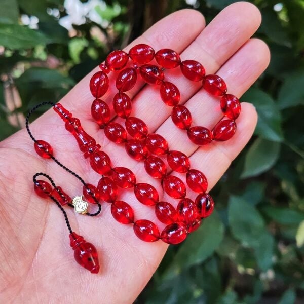8x11 mm Ali Agiş Usta İşçilikli Kırmızı Zar Kehribar Tesbih - Şeffaf Delim Tespih
