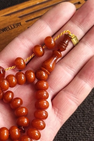 9x7 mm Bilekboy Helezon Damarlı Sıkma Kehribar, Koleksiyonluk Ebu Sırr Usta İşçilikli Tespih