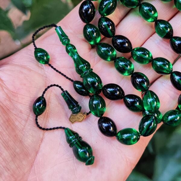 8x11 mm Ali Agiş Usta İşçilikli Yeşil Siyah Ateşi Kehribar Tesbih - Şeffaf Delim Tespih