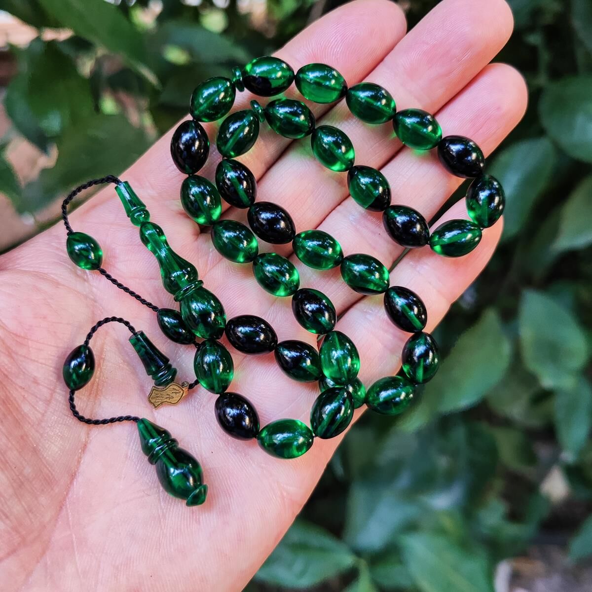 8x11 mm Ali Agiş Usta İşçilikli Yeşil Siyah Ateşi Kehribar Tesbih - Şeffaf Delim Tespih
