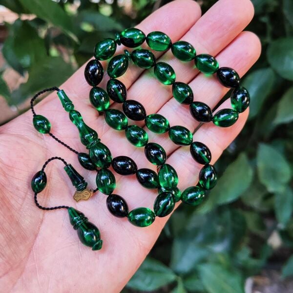 8x11 mm Ali Agiş Usta İşçilikli Yeşil Siyah Ateşi Kehribar Tesbih - Şeffaf Delim Tespih