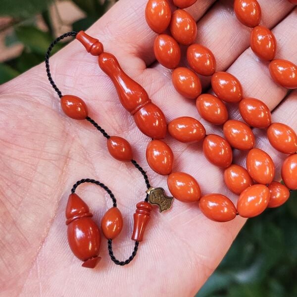 8x11 mm Ali Agiş Usta İşçilikli Kayısı Rengi Zar Kehribar Tesbih - Şeffaf Delim Tespih