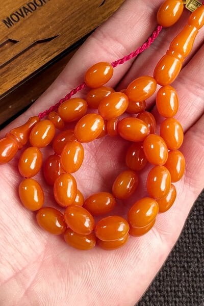 8x11 mm Beyzi Mişmişi Miskevi Baga Tesbih, Ebu Sırr Usta İmzalı Katalin Kanayan Baga, Bağa Tespih