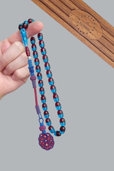 8*12 mm Uçak Camı Tesbih Bordo Mavi Taraftar Tespih Ahşap Kutulu