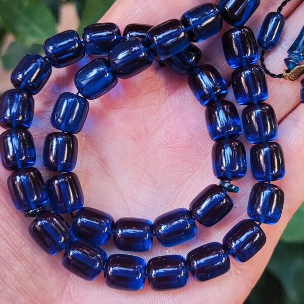 10x9 mm Ali Agiş Usta İşçilikli Parlement Mavisi Zar Kehribar Tesbih - Şeffaf Delim Tespih