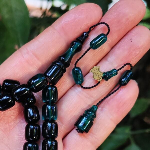 10x9 mm Ali Agiş Usta İşçilikli Petrol Yeşili Ateşi Kehribar Tesbih - Şeffaf Delim Tespih