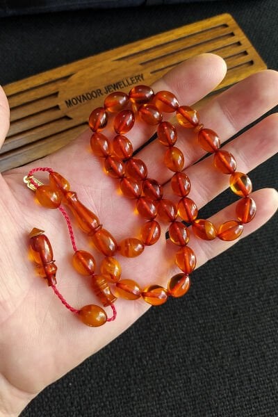 Ebu Sırr İmzalı 9x12 mm Beyzi Sıkma Kehribar Tesbih Osmanlı Benzetme Tespih Ahşap Kutulu