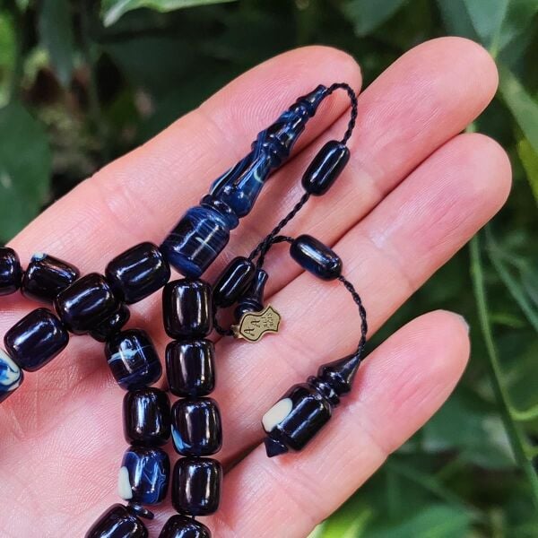 10x9 mm Ali Agiş Usta İşçilikli Mavi Beyaz Ateşi Kehribar Tesbih - Şeffaf Delim Tespih