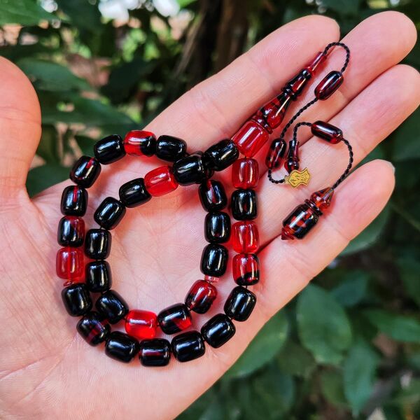 10x9 mm Ali Agiş Usta İşçilikli Tirbüşon Rengi Ateşi Kehribar Tesbih - Şeffaf Delim Tespih