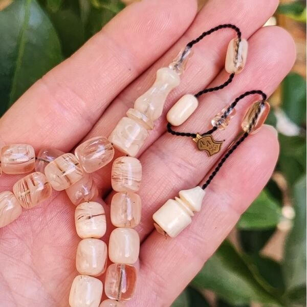 10x9 mm Ali Agiş Usta İşçilikli Beyaz Ateşi Kehribar Tesbih - Şeffaf Delim Tespih