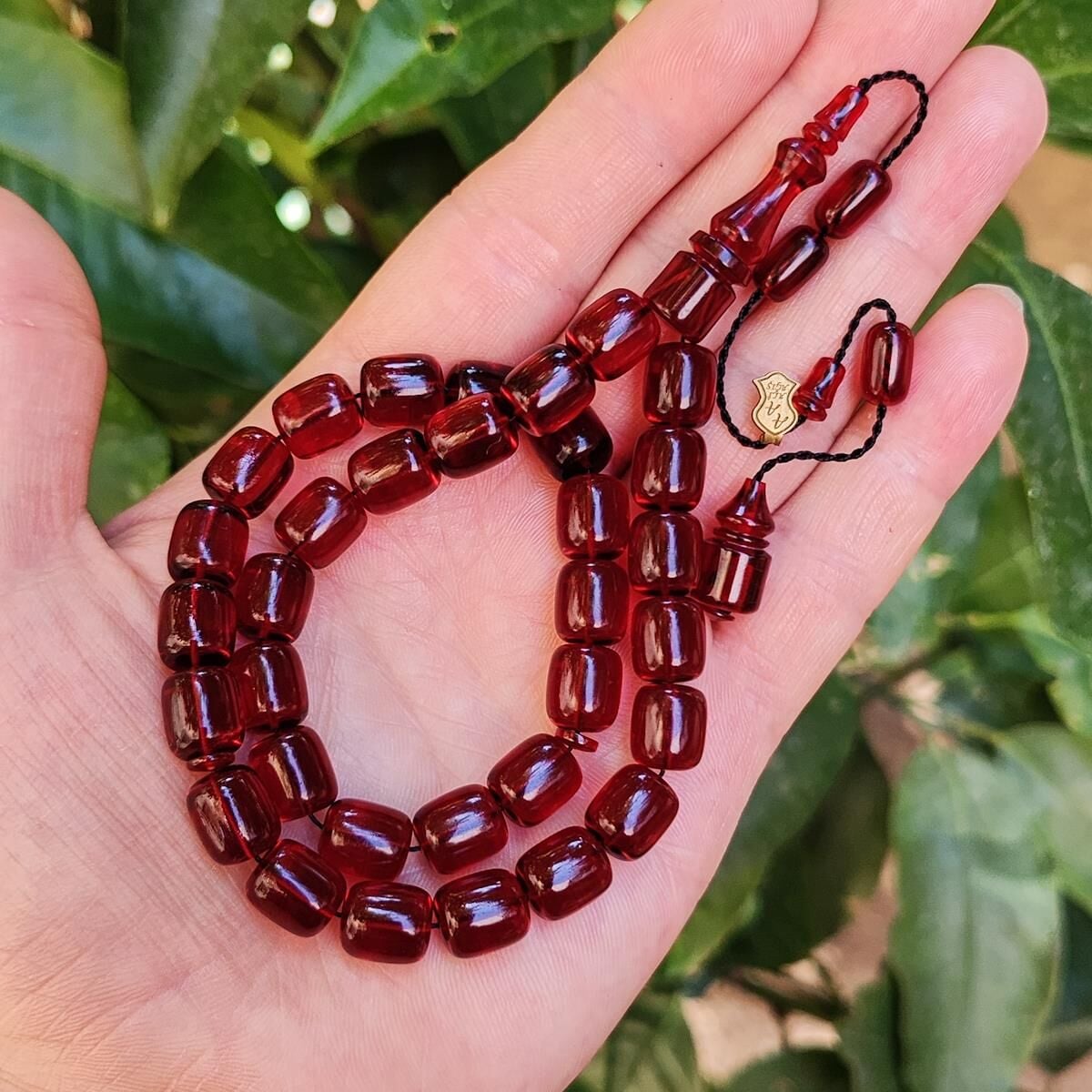 10x9 mm Ali Agiş Usta İşçilikli Vişne Rengi Zar Kehribar Tesbih - Şeffaf Delim Tespih