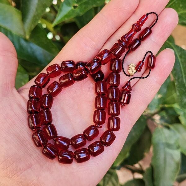 10x9 mm Ali Agiş Usta İşçilikli Vişne Rengi Zar Kehribar Tesbih - Şeffaf Delim Tespih