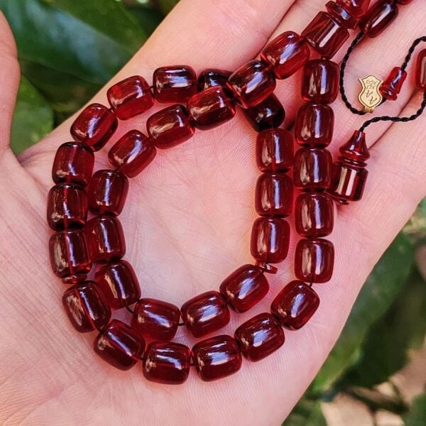 10x9 mm Ali Agiş Usta İşçilikli Vişne Rengi Zar Kehribar Tesbih - Şeffaf Delim Tespih