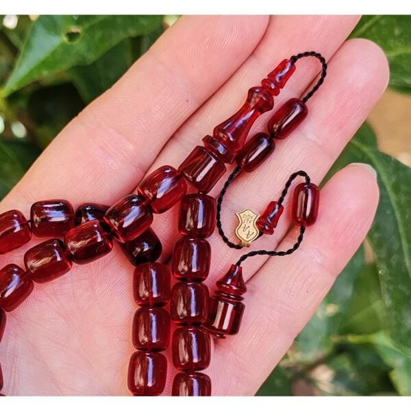 10x9 mm Ali Agiş Usta İşçilikli Vişne Rengi Zar Kehribar Tesbih - Şeffaf Delim Tespih