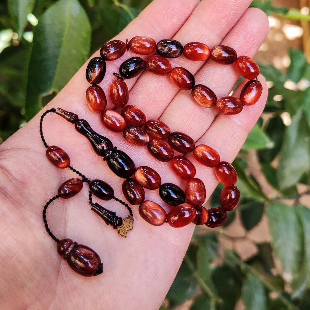 8x11 mm Ali Agiş Usta Karamel Rengi Simli Sıkma Kehribar Tesbih - Şeffaf Delim Tespih