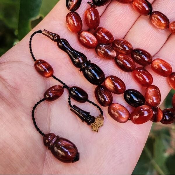 8x11 mm Ali Agiş Usta Karamel Rengi Simli Sıkma Kehribar Tesbih - Şeffaf Delim Tespih